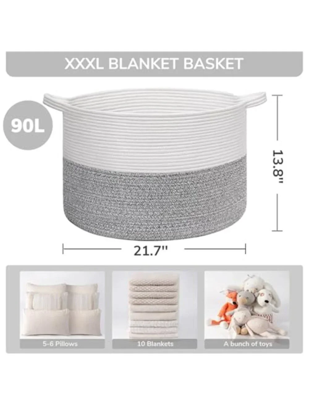 New XXXLarge Woven Rope Blanket Basket Living Room Light Grey, 90L